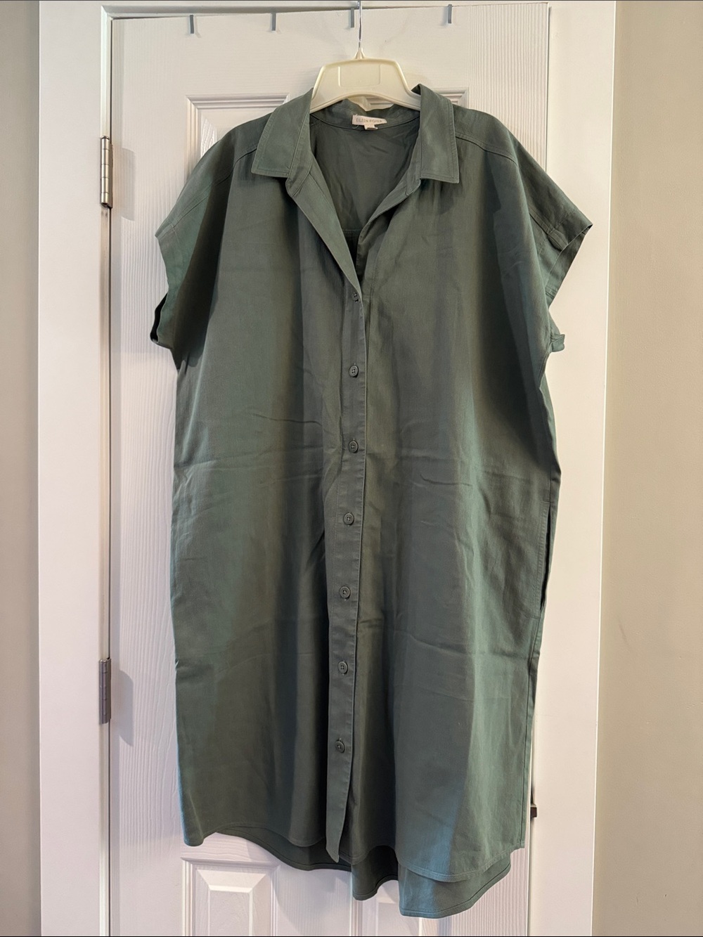 Eileen Fisher Olive Green Button-Up Organic Cotton Shirt Dress - Like New
